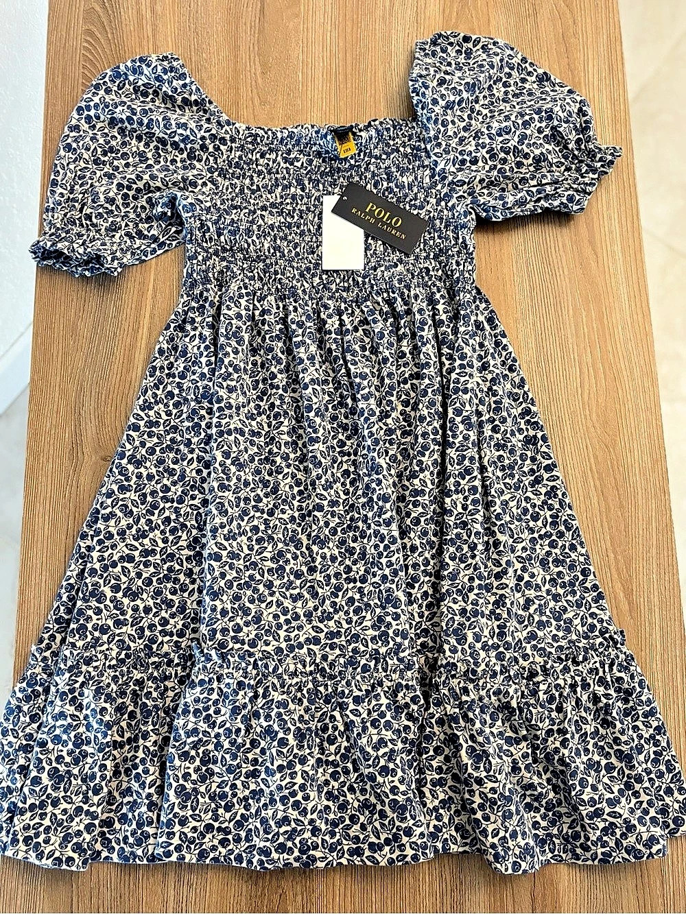 Ralph Lauren Girls Floral Puff Sleeve Dress Blue & White Size Large NWT